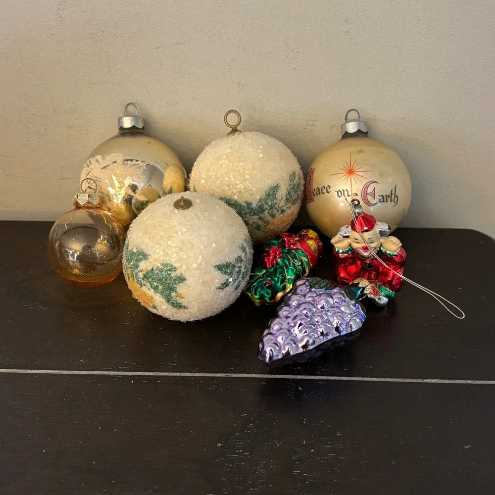 Vintage Glass Christmas Ornaments Lot 8pc Peace on Earth Frosted‎ Mercury Glass